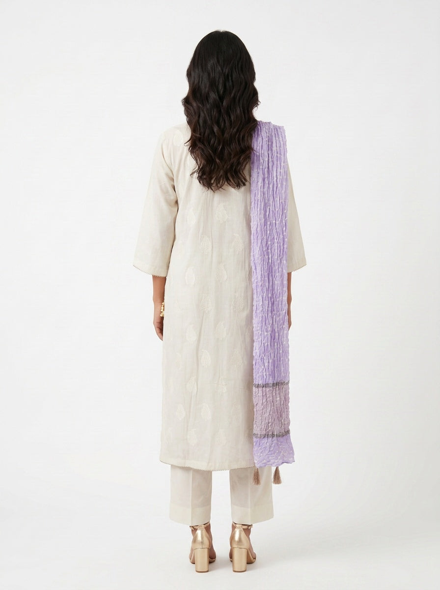 3 Piece Ready to Wear Gota Work Suit - Off-White with Lilac Dupatta
