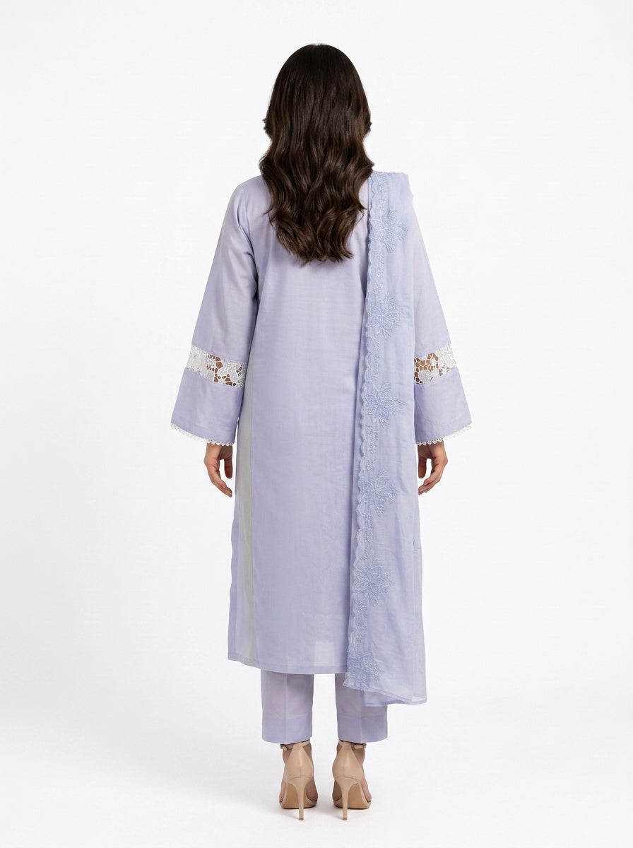 3 Piece Ready to Wear Luxury Embroidered Cutwork Suit - Lilac