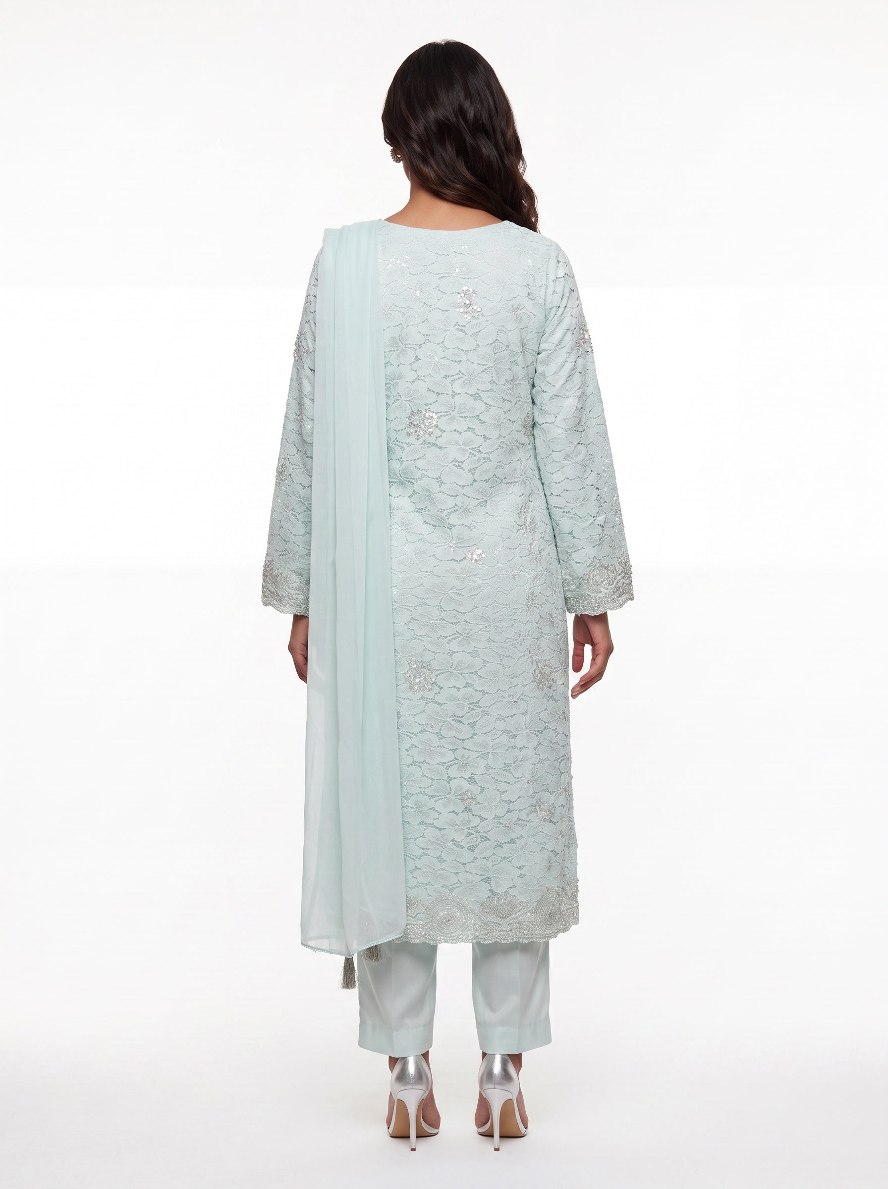 3 Piece Ready to Wear Luxury Chantilly Net Suit - Aqua