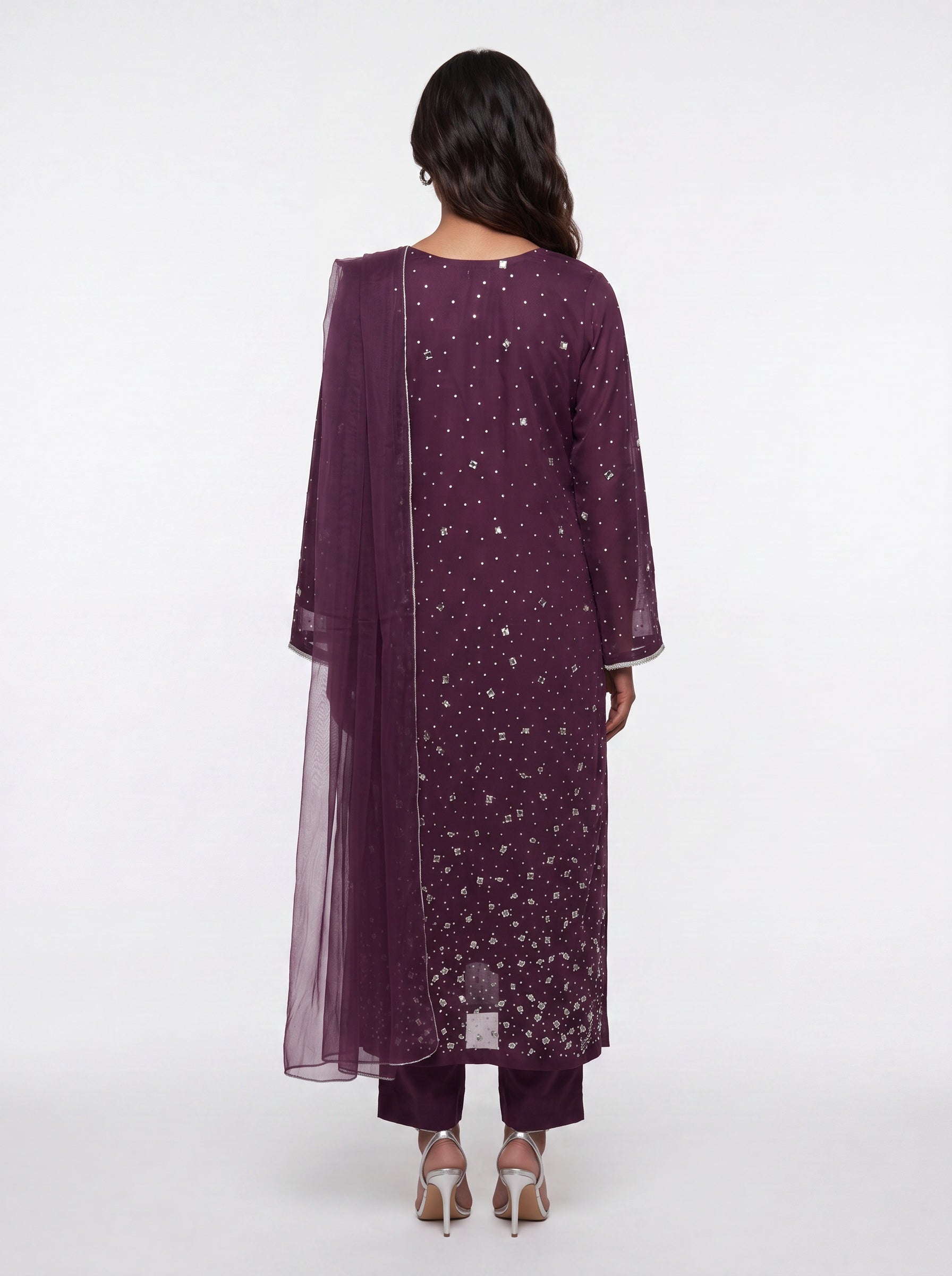 3 Piece Ready to Wear Luxury Net Suit - Plum