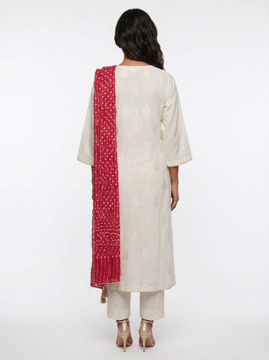 3 Piece Ready to Wear Gota Work Suit - Off-White with Red Dupatta
