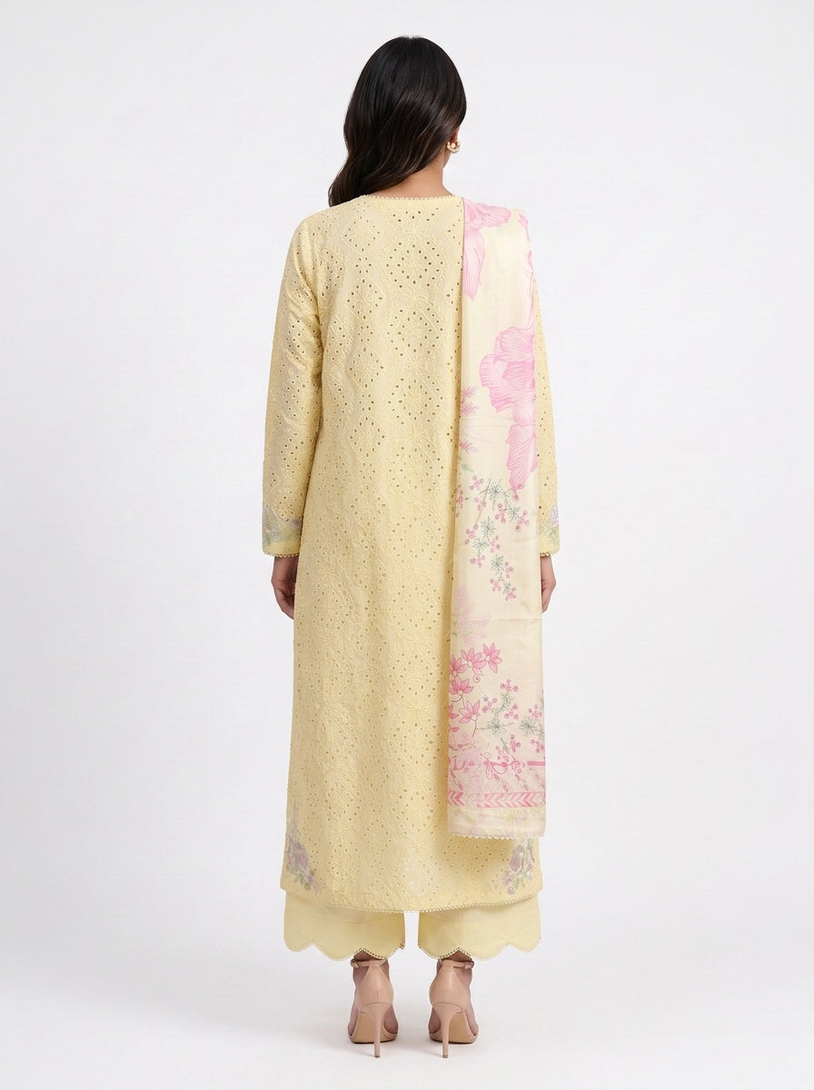 3 Piece Ready to Wear Luxury Embroidered Schiffli Suit - Butter Yellow