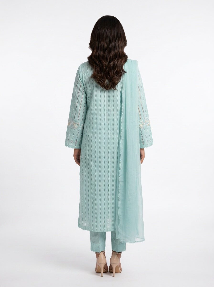 3 Piece Ready to Wear Luxury Embroidered Cutwork Suit - Blue