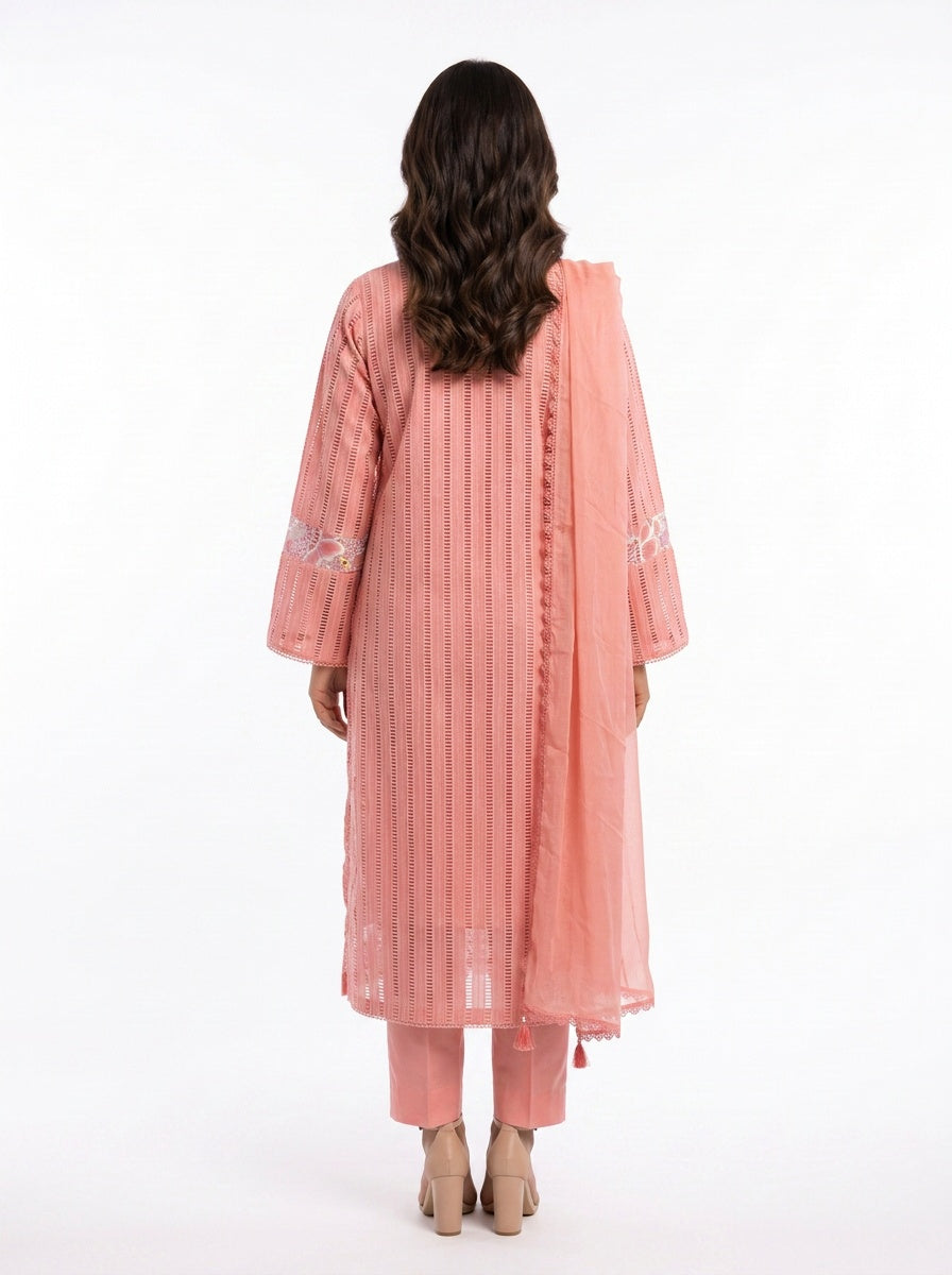 3 Piece Ready to Wear Luxury Embroidered Cutwork Suit - Coral Pink