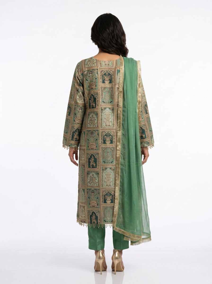 3 Piece Ready to Wear Luxury Embroidered Armani Silk Suit - Green